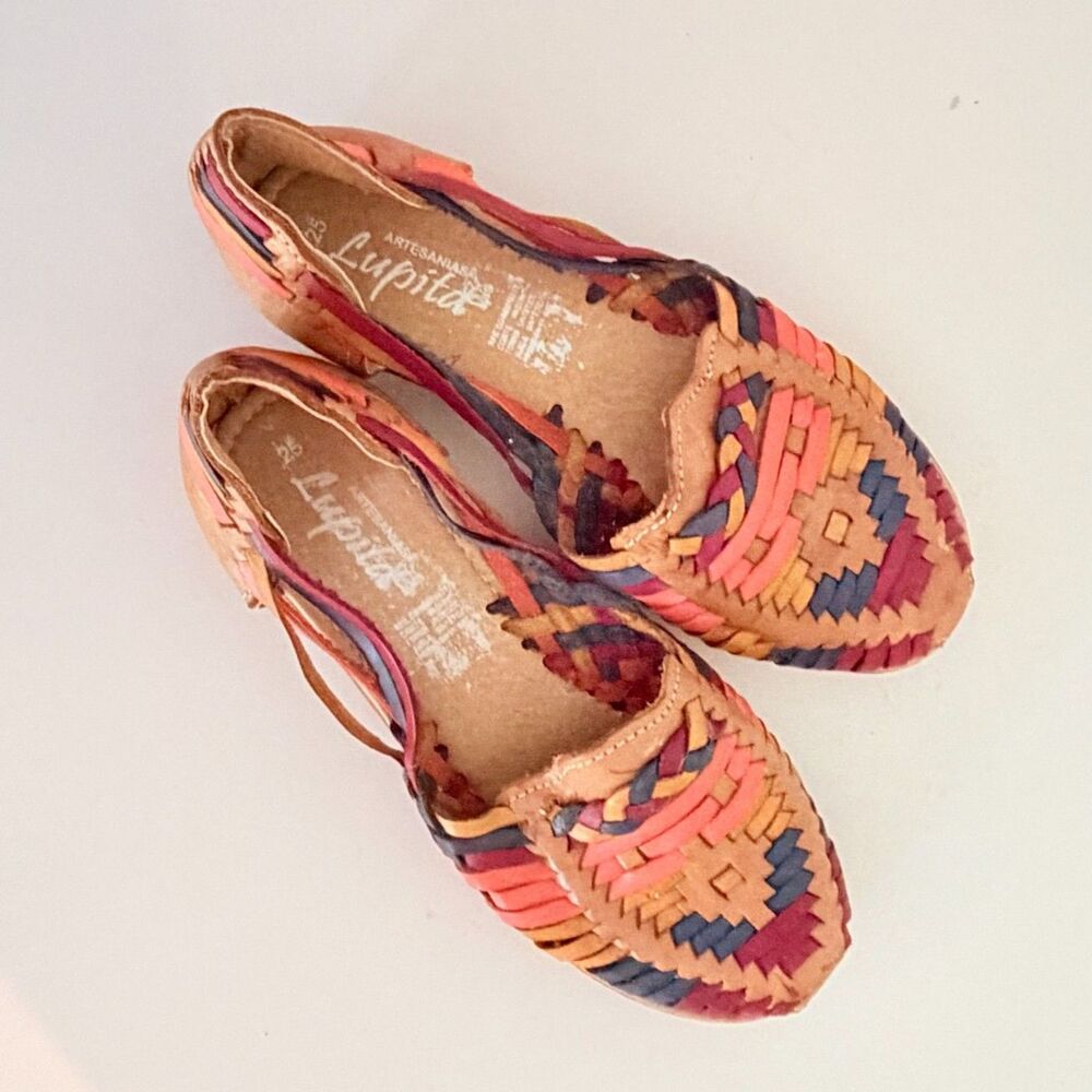 Artesanías Lupita, Colorful Rainbow Leather Huaraches Woven Flats, 25